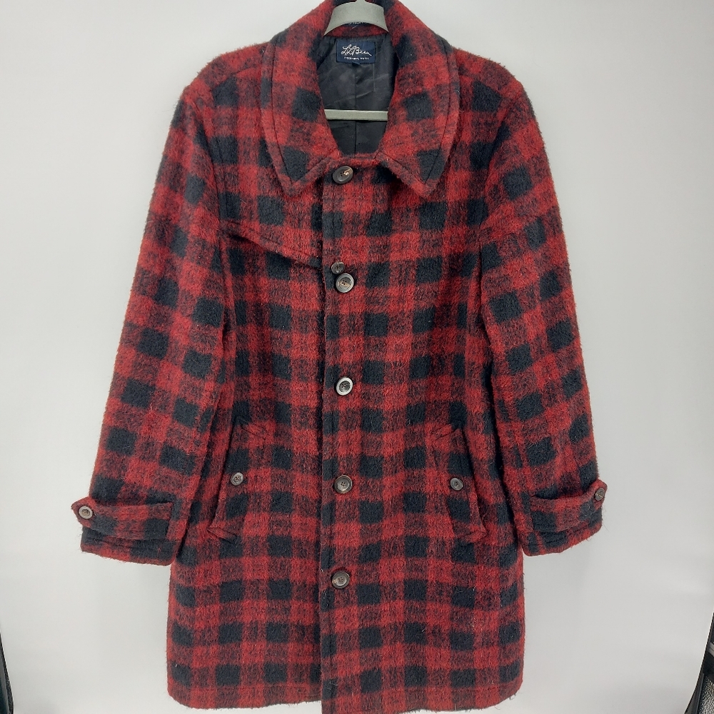 L.L. Bean Alpaca x Wool Buffalo Check Red and Black Long Jacket Size Large